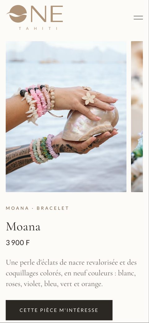 Fiche du bracelet Moana sur le site ONE Tahiti, sur mobile